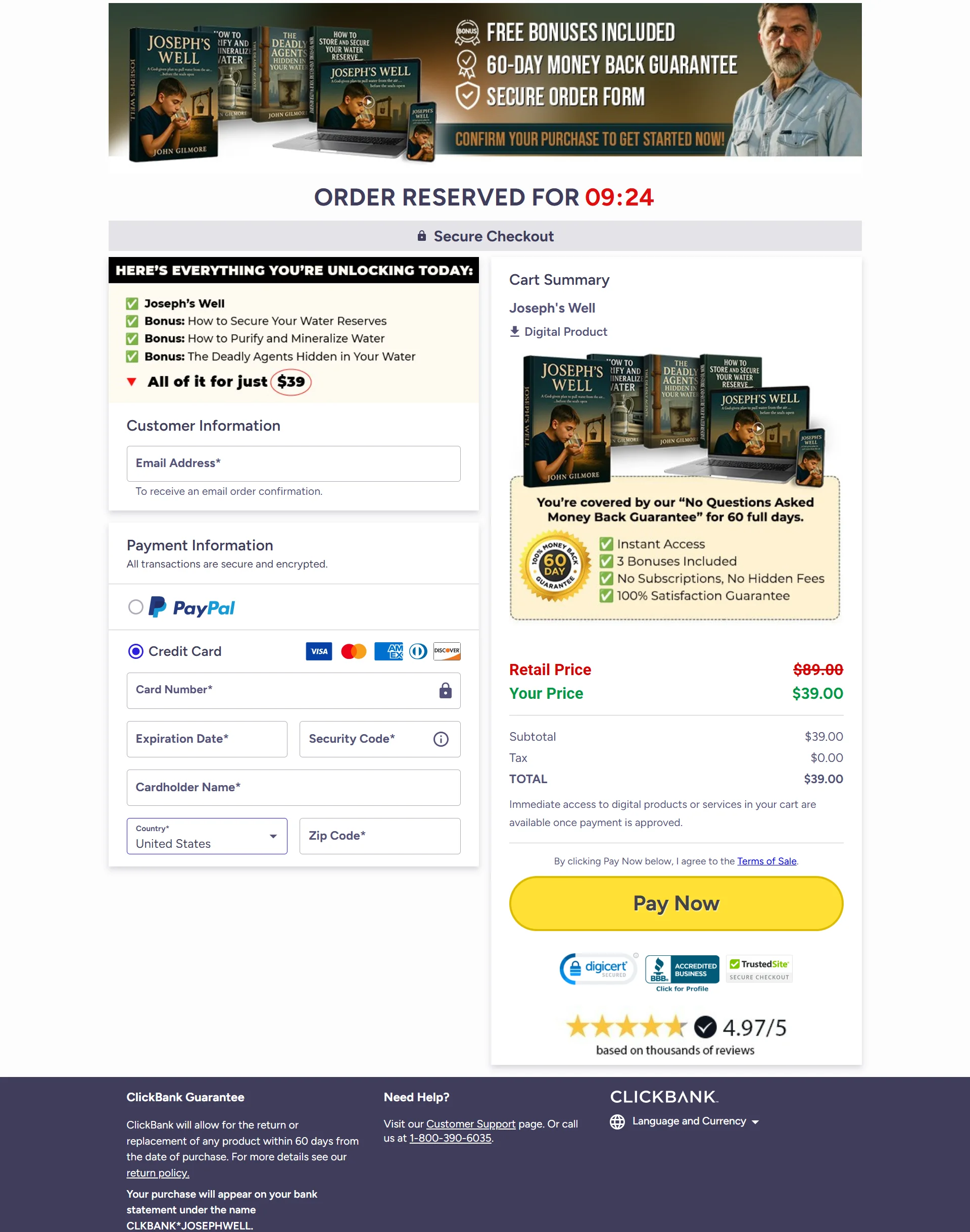 Joseph's Well secure checkout order page — buy now at discounted price